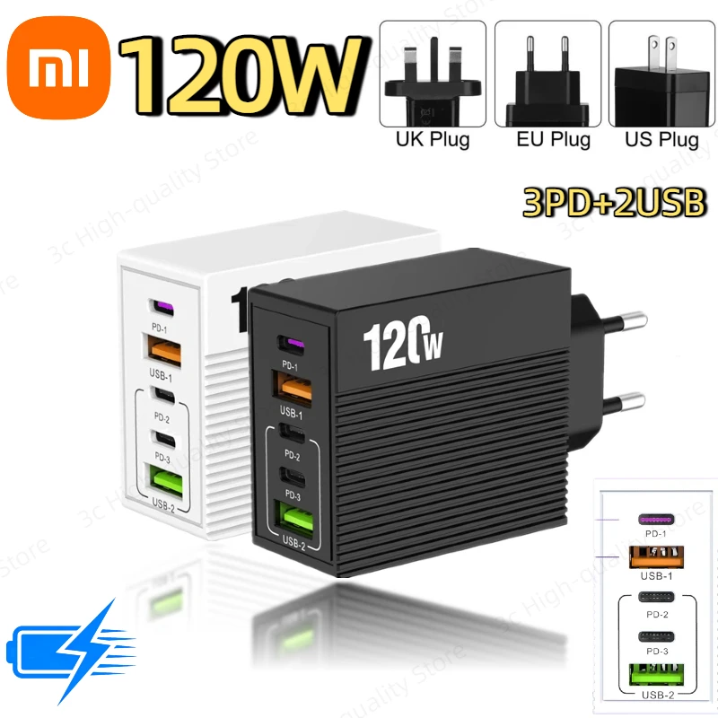 Xiaomi Multi Port 3PD + 2USB Зарядное устройство для мобильного телефона Сверхбыстрая зарядная головка 5 портов ЕС США Британская вилка для Samsung Iphone Tablet Новый