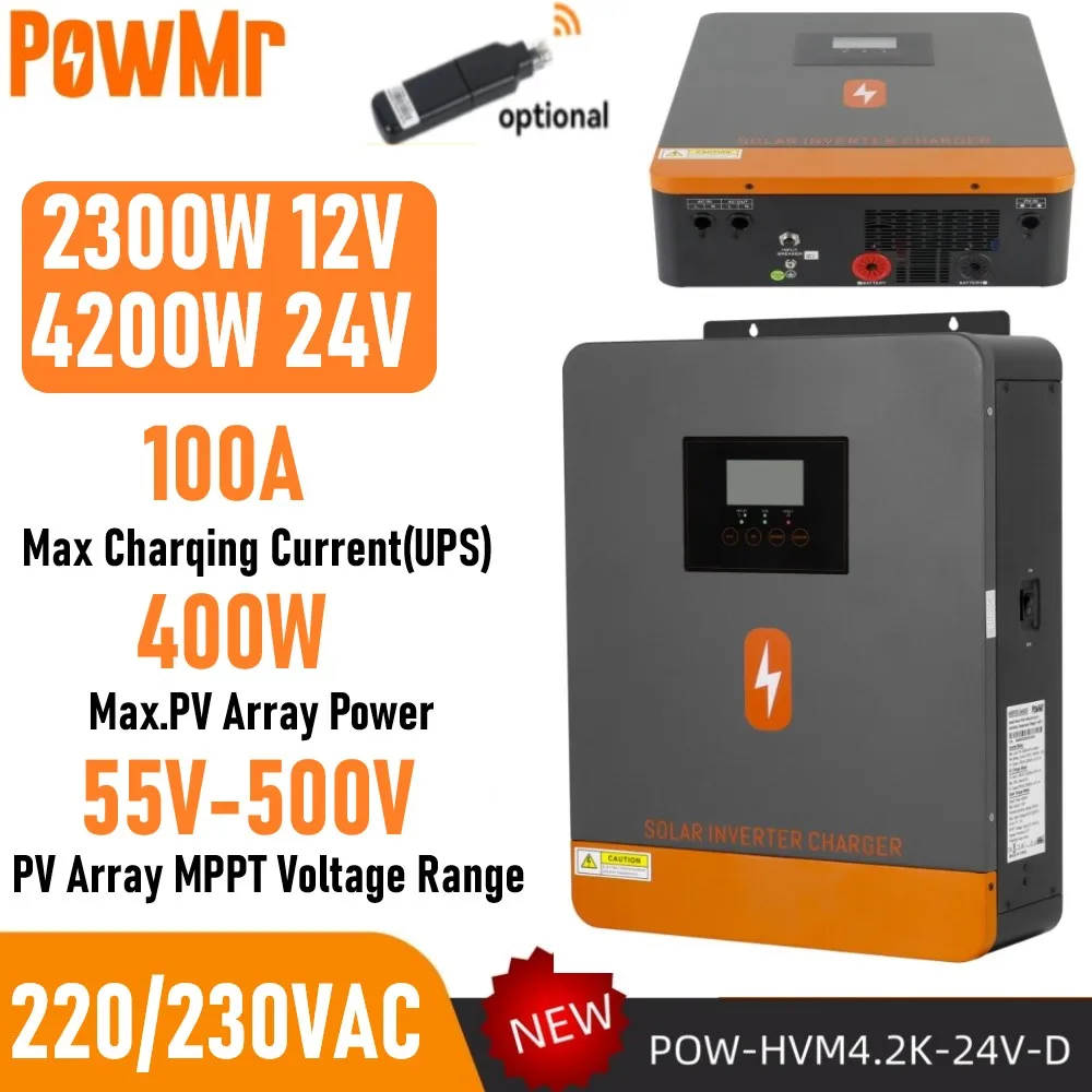 PowMr 2.3KW 12V 4.2KW 24V Hybrid Solar Inverter 230V MPPT 100A Solar Charger Max PV 500V Off Grid Pure Sine Inverter Dual Output