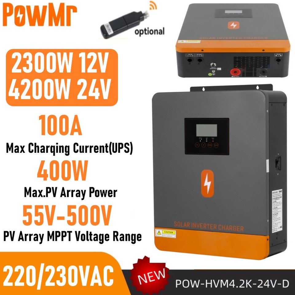  PowMr 2.3KW 12V 4.2KW 24V Hybrid Solar Inverter 230V MPPT 100A Solar Charger Max PV 500V Off Grid Pure Sine Inverter Dual Output