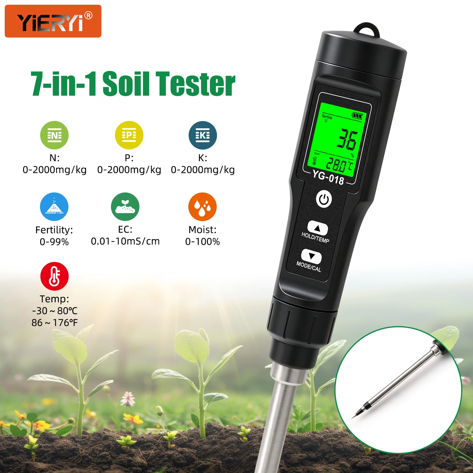7 in 1 Digital Soil NPK Meter EC Fertility Moisture Temperature Tester Rechargeable Soil Quality Detector for Plant Garden