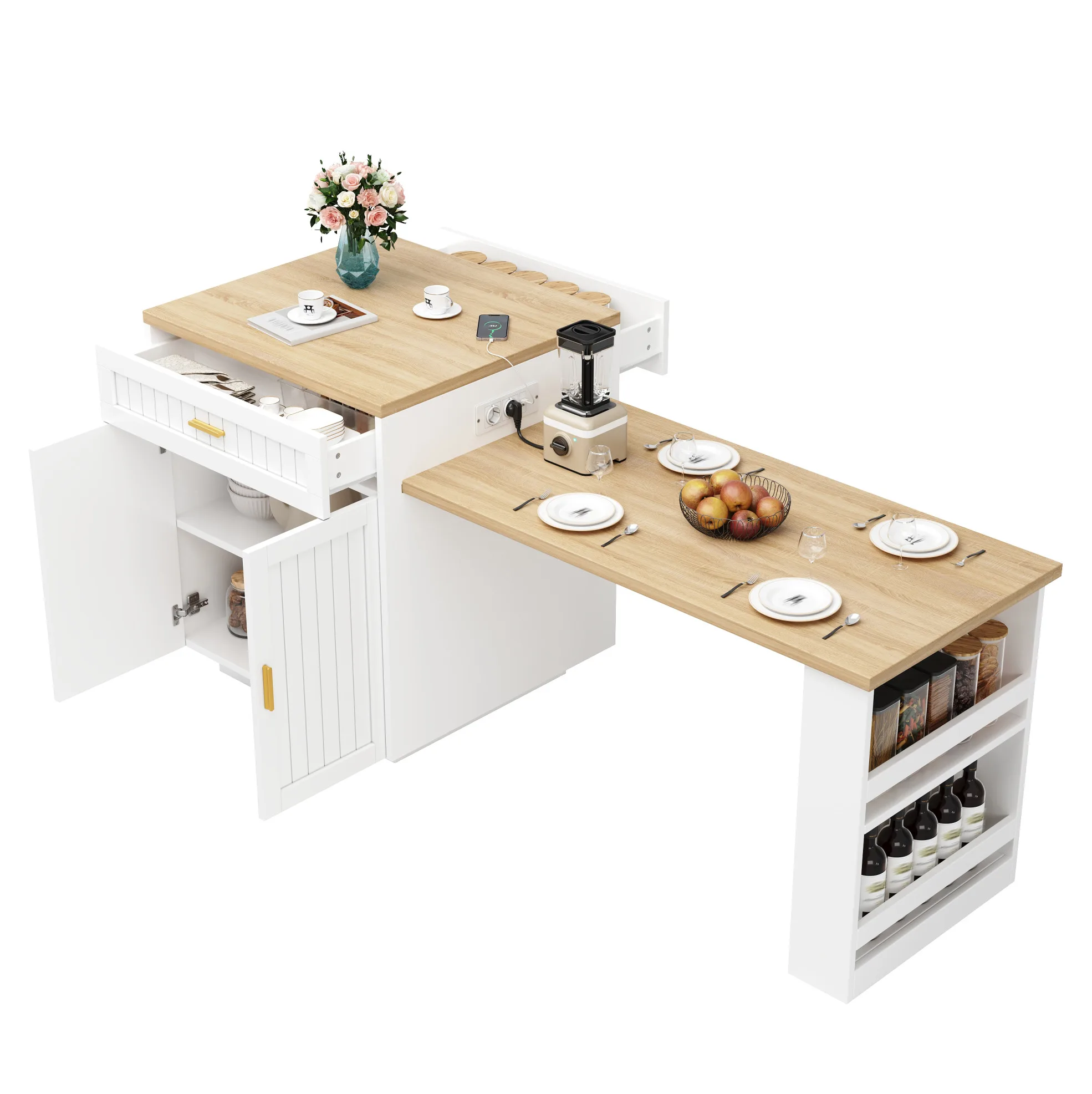 ÎLot De Cuisine Extensible Avec Prise EuropéEnne IntéGréE, Portes à Rainures Verticales, Tiroir Et éTagèRes RéGlables, Blanc, 121,5–192 Cm-image