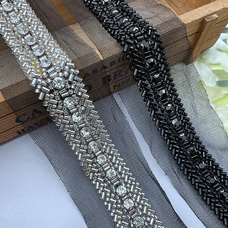 2Yards/Lot Embroidery Crystal Beaded Lace Trim 2.5cm Wide Hand Sewing Pearls Lace Tape For Clothing Collar DIY Crafts Decoration