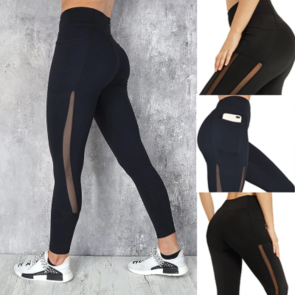 Women\'s Sports Stitching Sport Pants Fitness Gym Breathable Leggings Running Seamless Sexy Elastic Leggings with Pocket