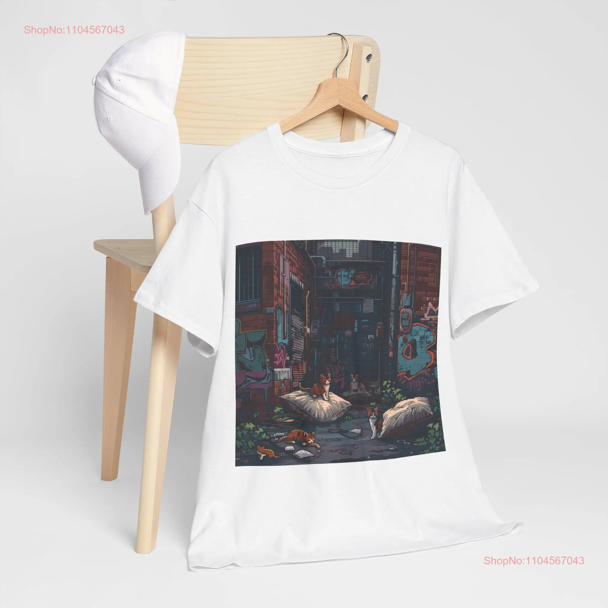Kittens on Pillows T Shirt Cute Cats in Abandoned Alley Whimsical Animal Lover Pixel Art Design for Cat Lovers