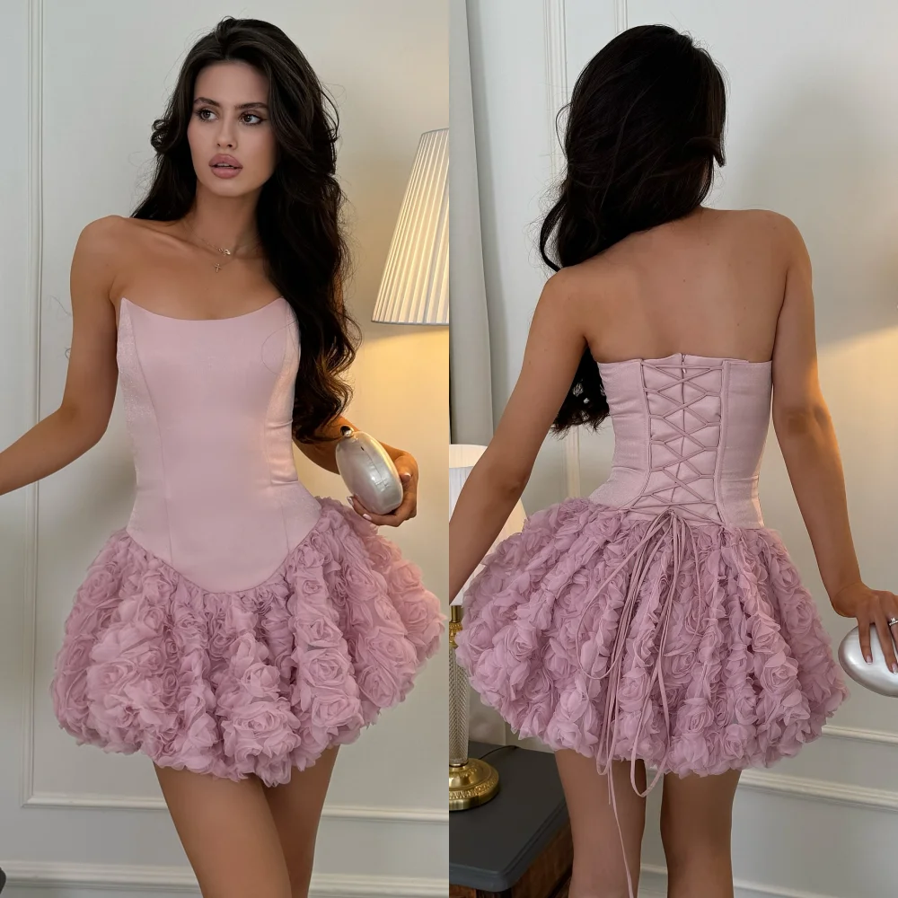 

Customized Intricate Matching Pleat Flower Strapless A-line Short Dresses Bespoke Occasion Dresses Modern Style Sizes Available