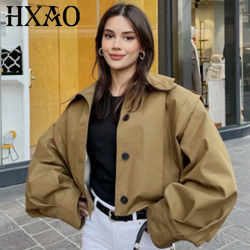

HXAO Женские куртки Укороченная верхняя одежда больших размеров Плиссированные коричневые пальто с длинными рукавами на пуговицах Новые пальто и куртки Куртка в корейском стиле