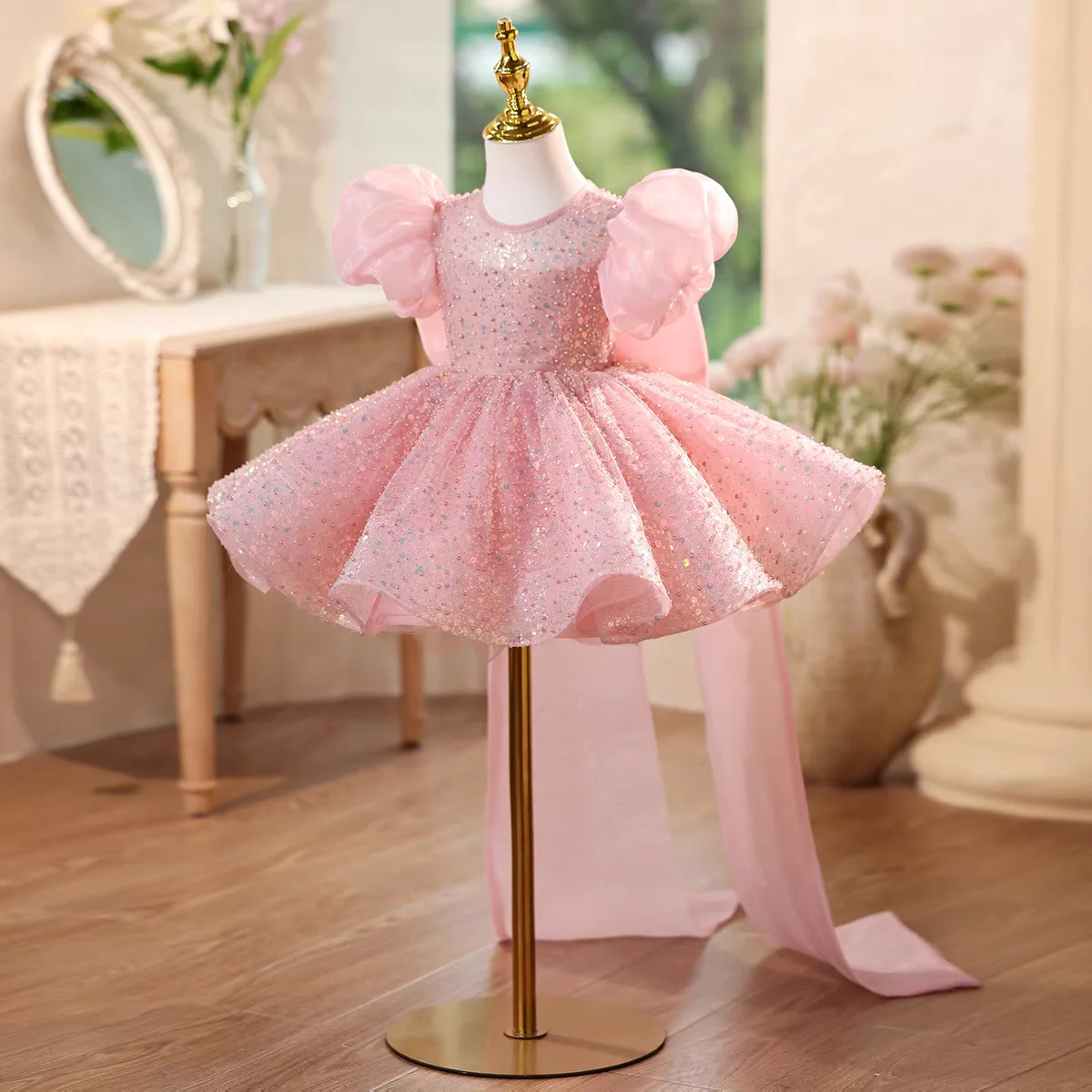 Dreamy D111 Vow carino rosa manica a sbuffo paillettes ragazze al ginocchio abito da ballo per bambini festa di compleanno festival celebrazione principessa