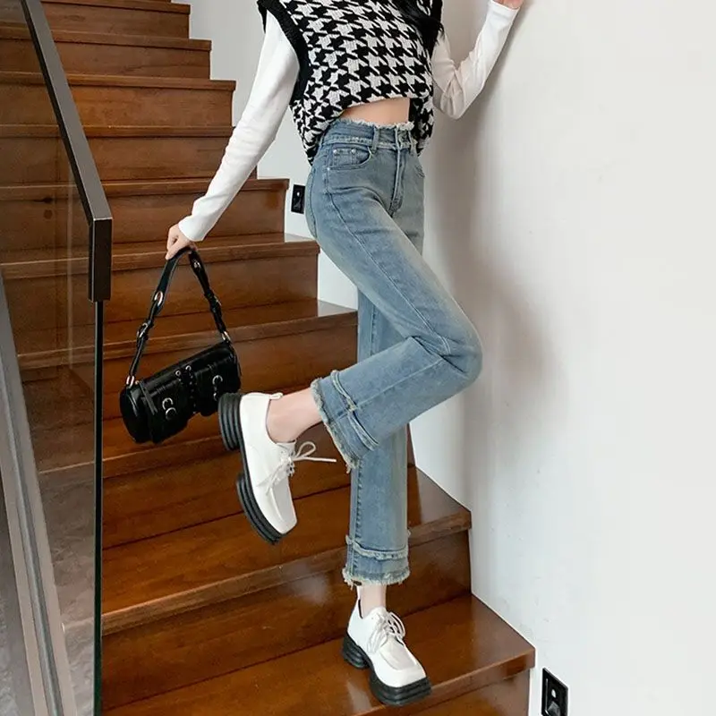 

Women's High Waist Straight Leg Jeans 2026 New Fashion Light Wash Distressed Ankle Length Denim Pants Slim Fit For Petite