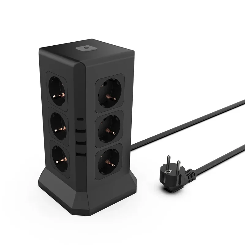 EU Tower Table Power Sockets 16A 12 Outlets 4 USB 5V 3.4A 4000W AC 110V 220V Black Tomada Usb Home Office Power Strip Socket