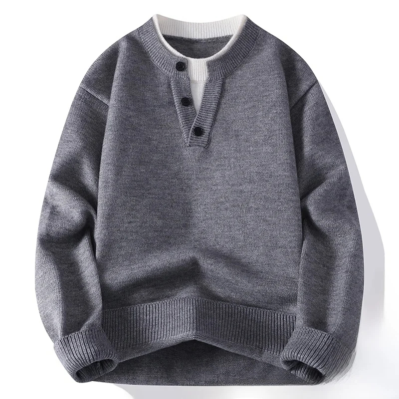 

Мужской утепленный вязаный свитер свободного кроя на пуговицах с длинными рукавами и круглым вырезом, модный пуловер для осени и зимы, новинка
