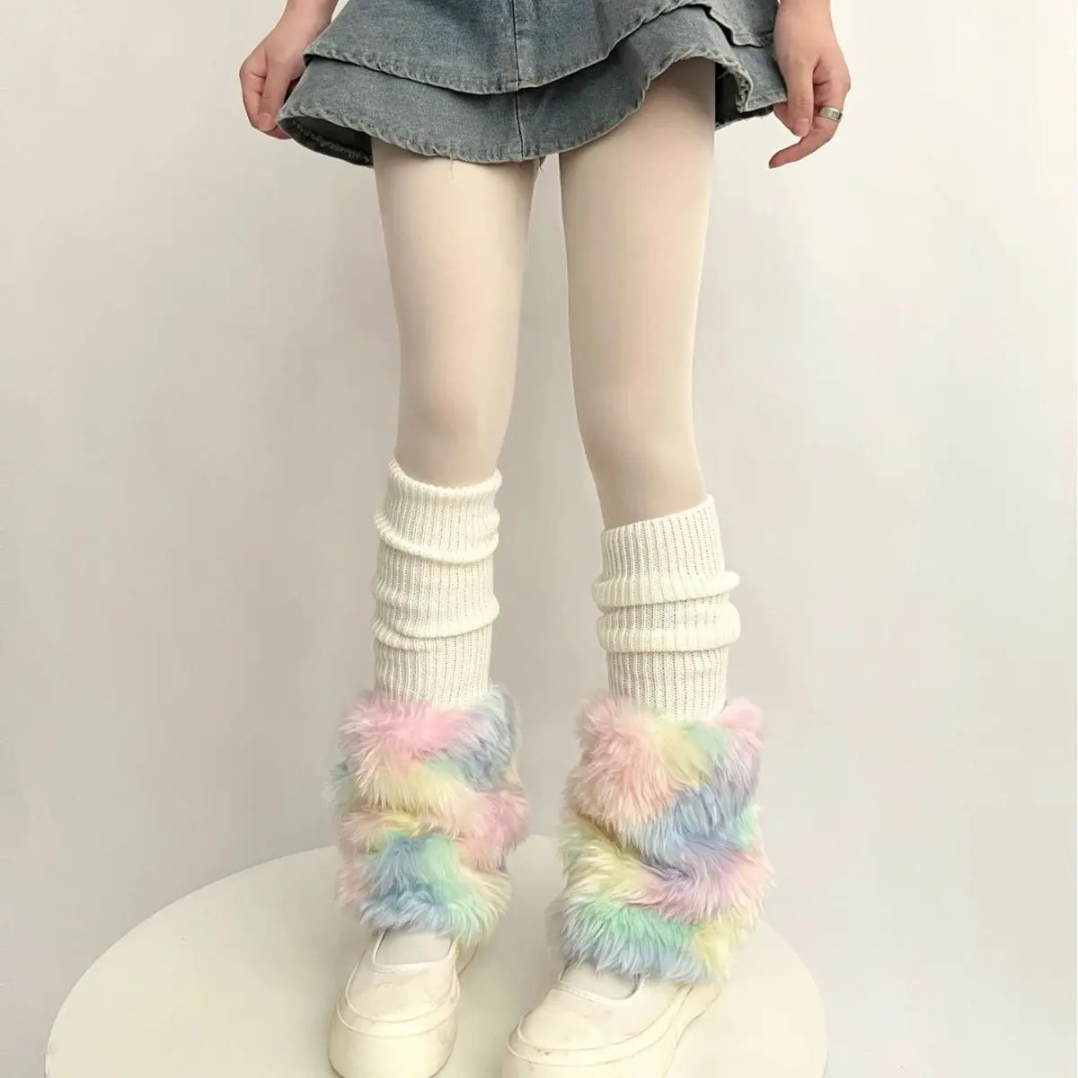 Cute Colorful Rainbow Leg Warmer Plush Imitation Fur Japanese Women Knitted Over Knee Tube  Winter Warm Long Leg Cover Socks