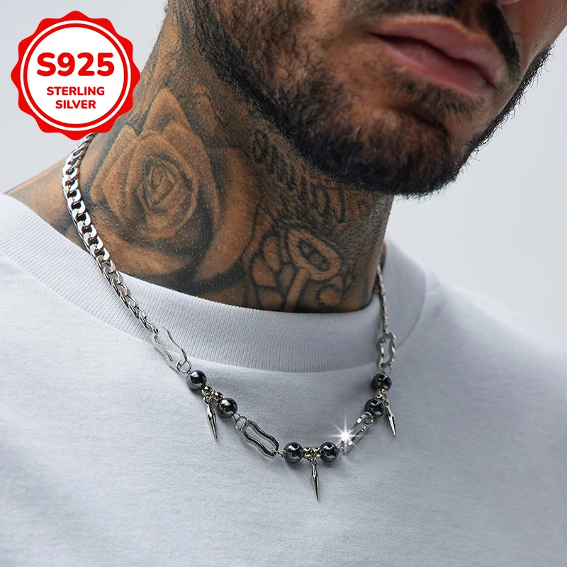 

925 sterling silver trendy hip-hop punk men's necklace with round bead rivets is suitable for exquisite men's gifts