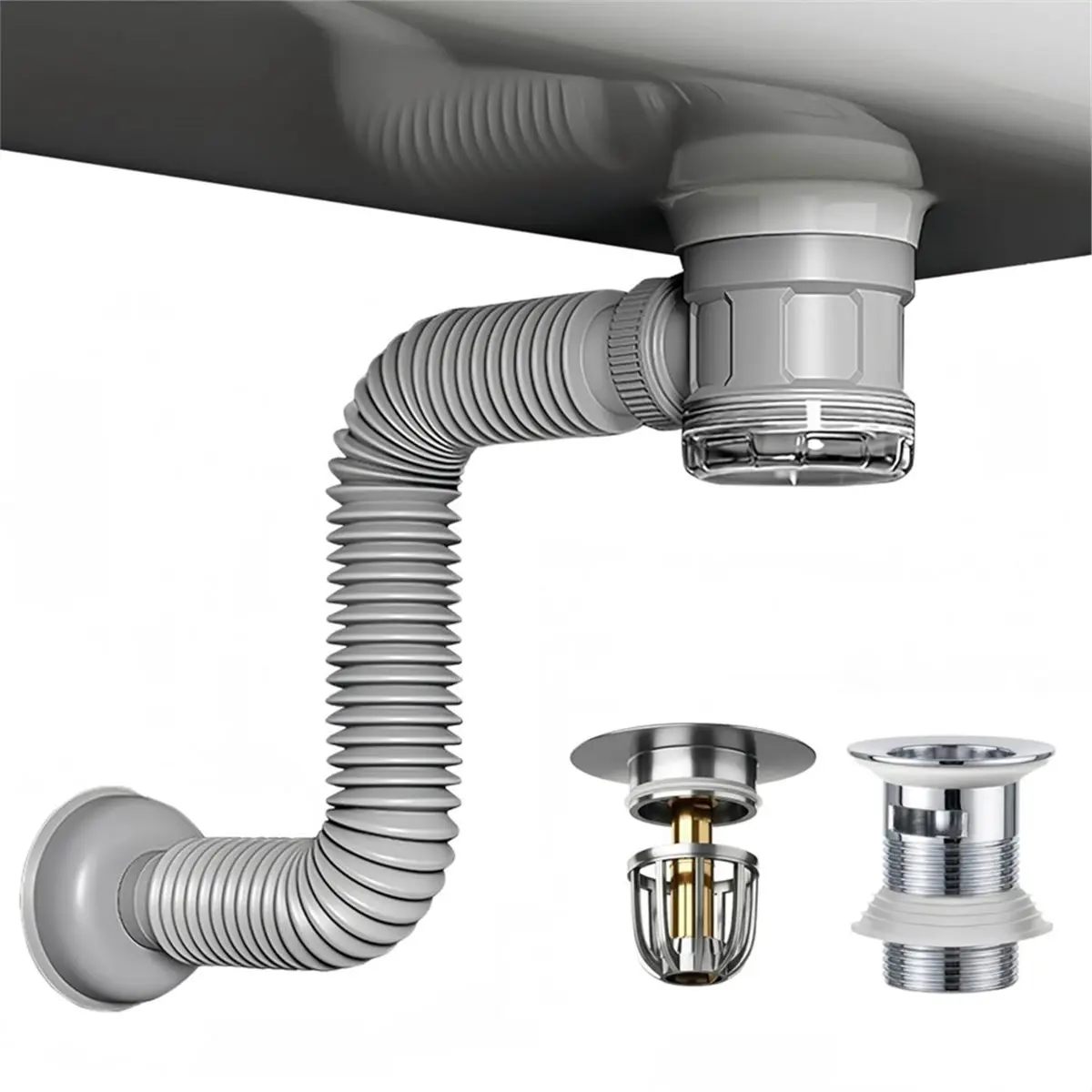 Big Discount Bathroom Sink Drain Kit with Flexible Expandable Pipe: Odor-Free & Backflow-Preventing, Space-Saving Design