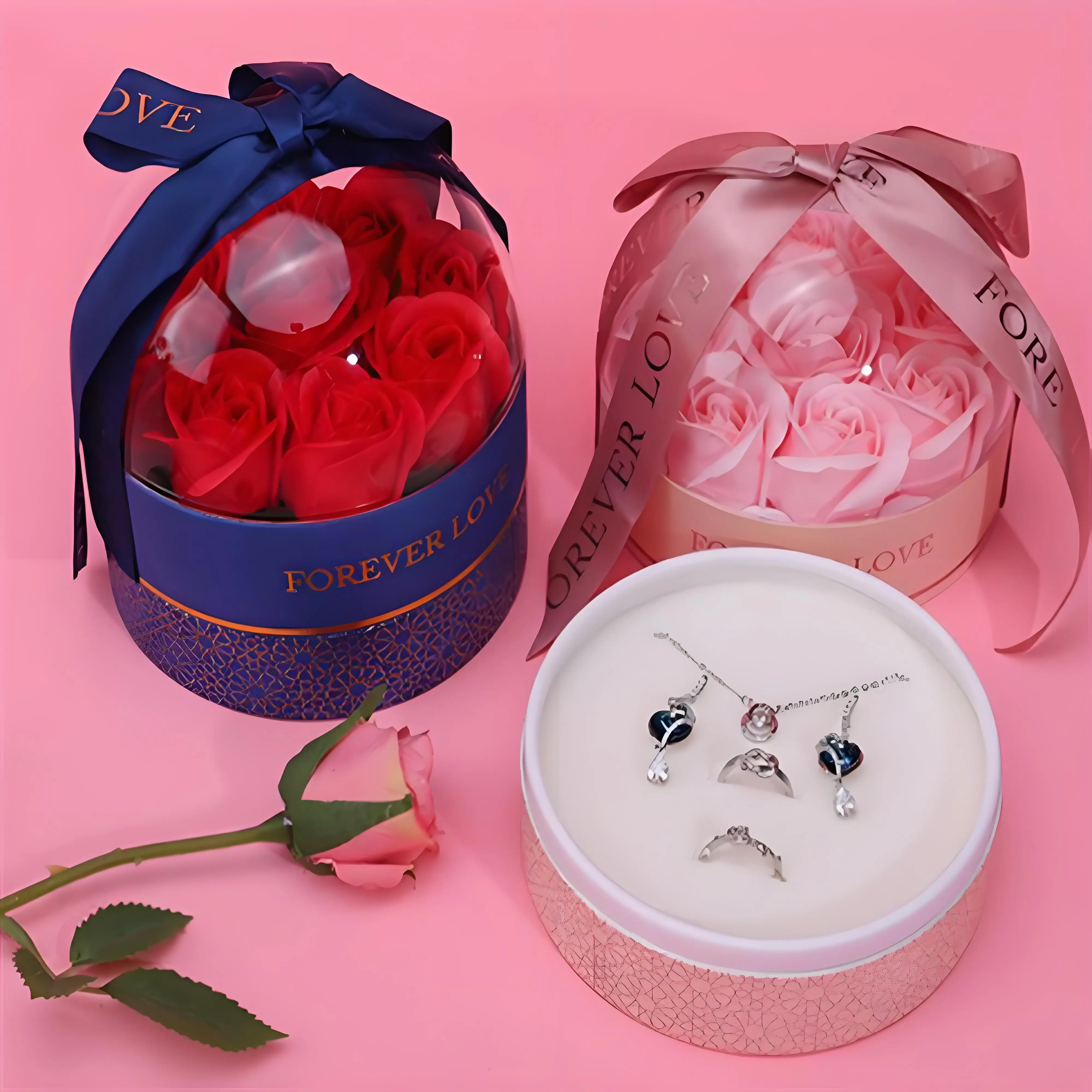 

9 Rose Soap Flower Round Jewelry Box Romantic Eternal Flower Necklace Ring Pendant Storage for Wedding Valentine's Day Gift Box