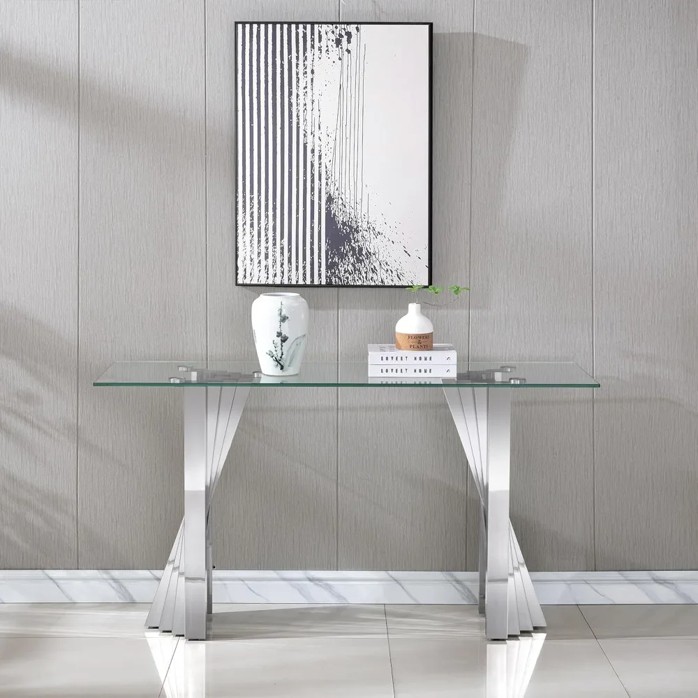 

Console Table, Tempered Glass Entryway Table, Modern Clear Glass Top Living Room Tables with Mirror Finish Stainless Steel Base