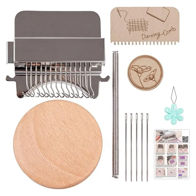 B14C Small Wooden Darning Frame With 14 Hooks, Speed Weave Sewing Aid For Mending Jeans
