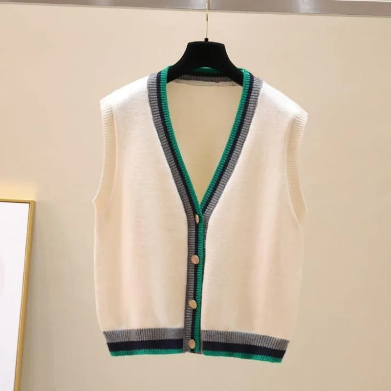 Gilet lavorato a maglia con scollo a v Color blocking giacca maglione cardigan stile college autunno e inverno alla moda da donna