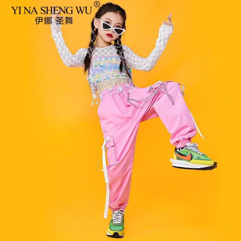 Vestito da ballo jazz per ragazze Costume hip-hop Vestito K-pop Crop Top Pantaloni cargo rosa Abbigliamento da ballo di strada moderno Set da performance per bambini