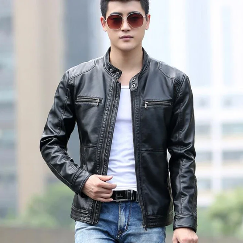 Men's leather Jacket design stand collar Coat Men casual motorcycle leather coat Mens Sheepskin jackets Windbreaker Coats