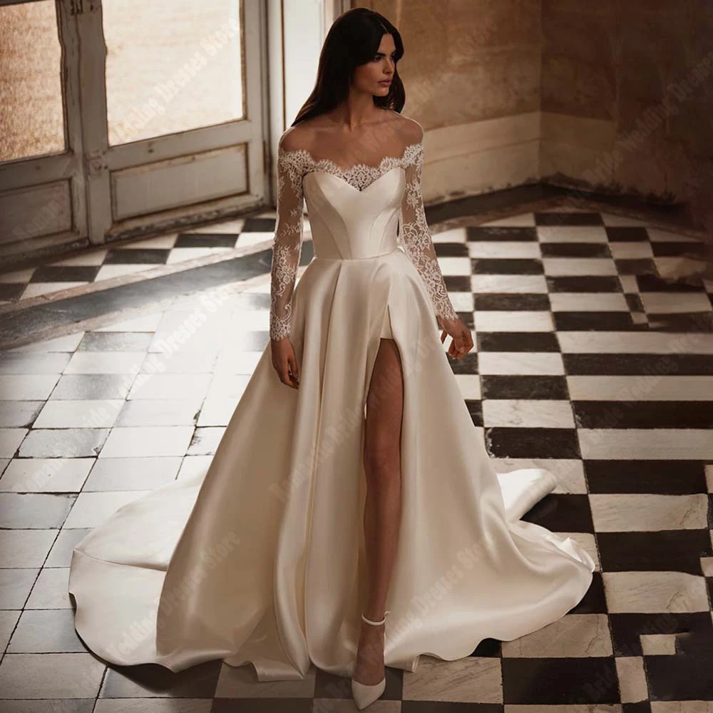 Celebrity Satin Fabric Women Bridal Gowns Formal Long Sleeves A-Line Wedding Dresses Lace Applique Party Vestidos De Novias 2025