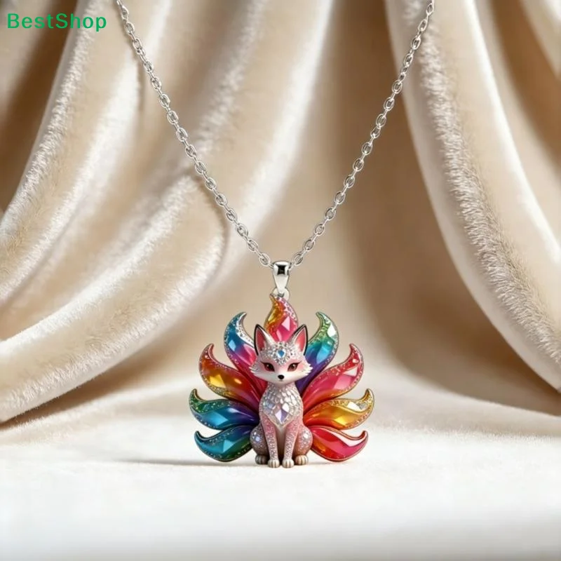 〔Z〕Chinese Style Nine-tailed Fox Enamel Pendant Necklace For Women Friends Cute & Aesthetic Trendy Exquisite Jewelry Gifts