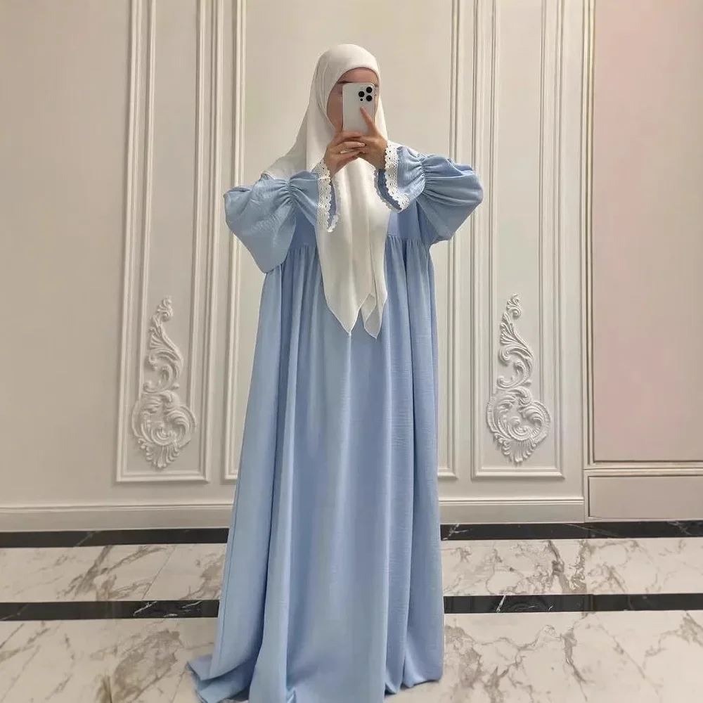 Eid Djellaba เจียมเนื้อเจียมตัวสวดมนต์เสื้อผ้าผู้หญิงมุสลิมชุดลูกไม้ Abaya ดูไบ Kaftan Ramadan ตุรกีอิสลาม Jalabiya Kebaya Caftan Robe