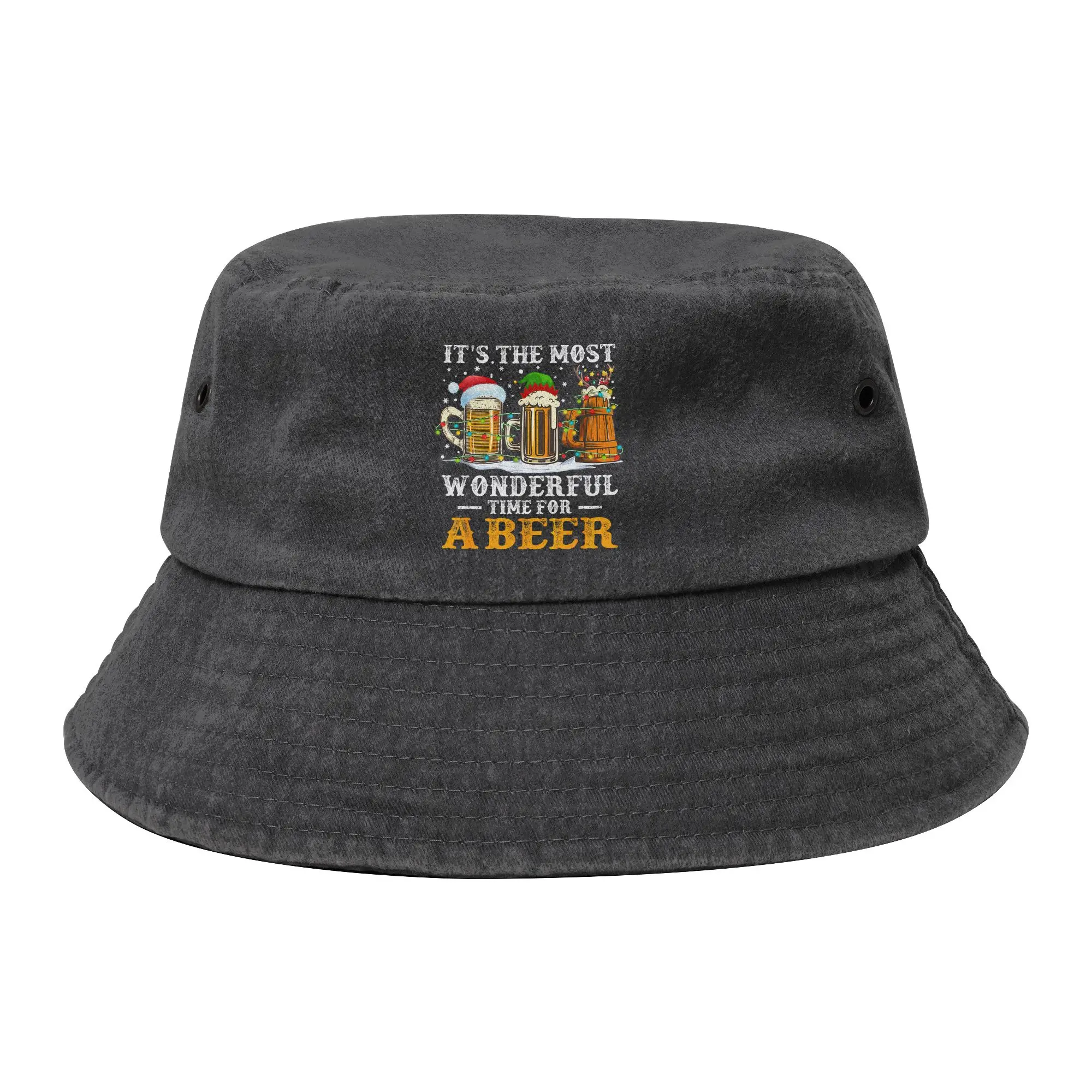Unisex Distressed Denim Washed Bucket Hat – „It's The Most Wonderful Time For A Beer Christmas Drink Spring Fishing Cap Session Hat“