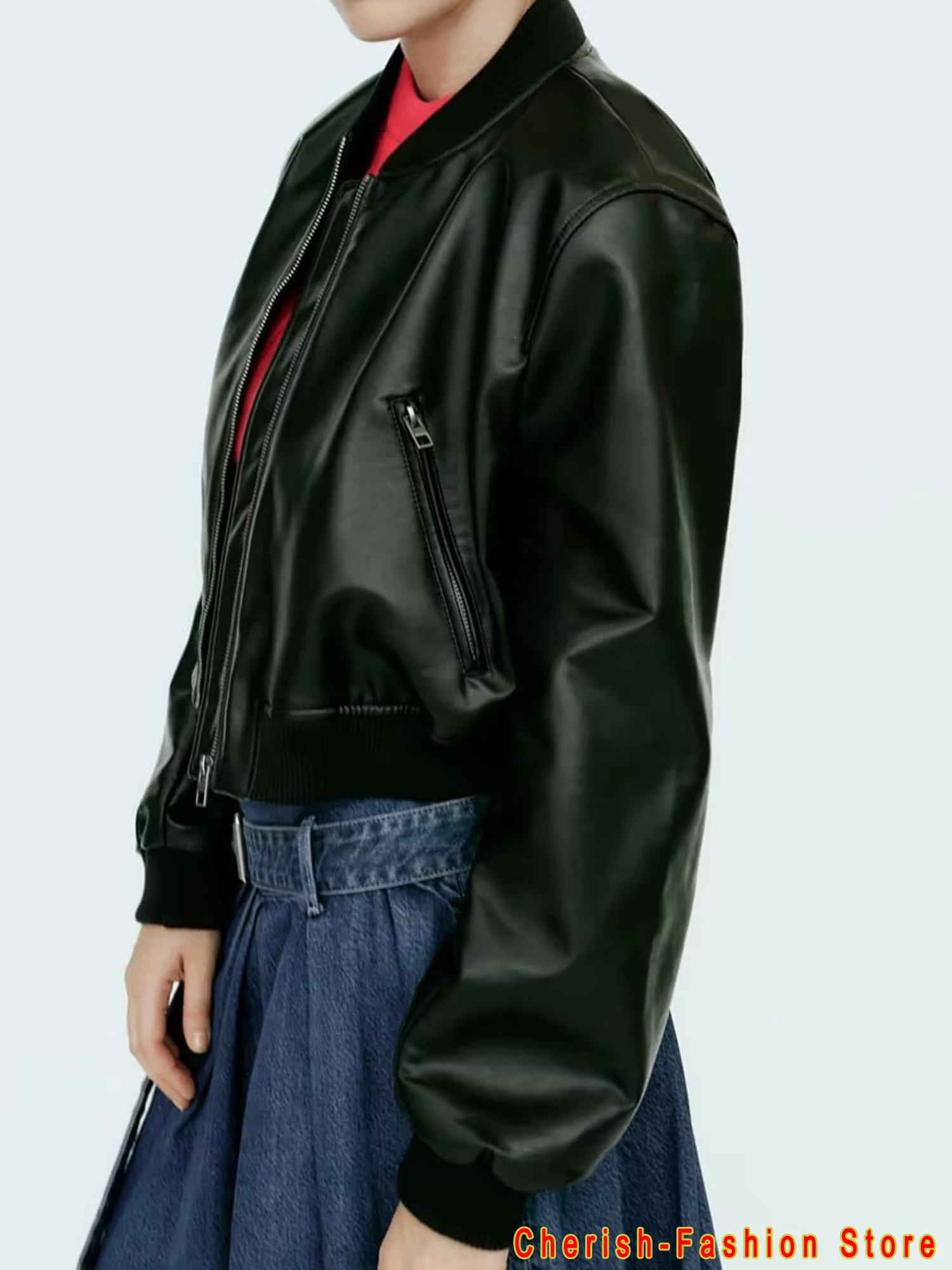 Women Fashion Faux Leather Cropped Bomber Jacket Coat Vintage Long Sleeve Front Zipper Female Outerwear Chic Tops Brand Coat