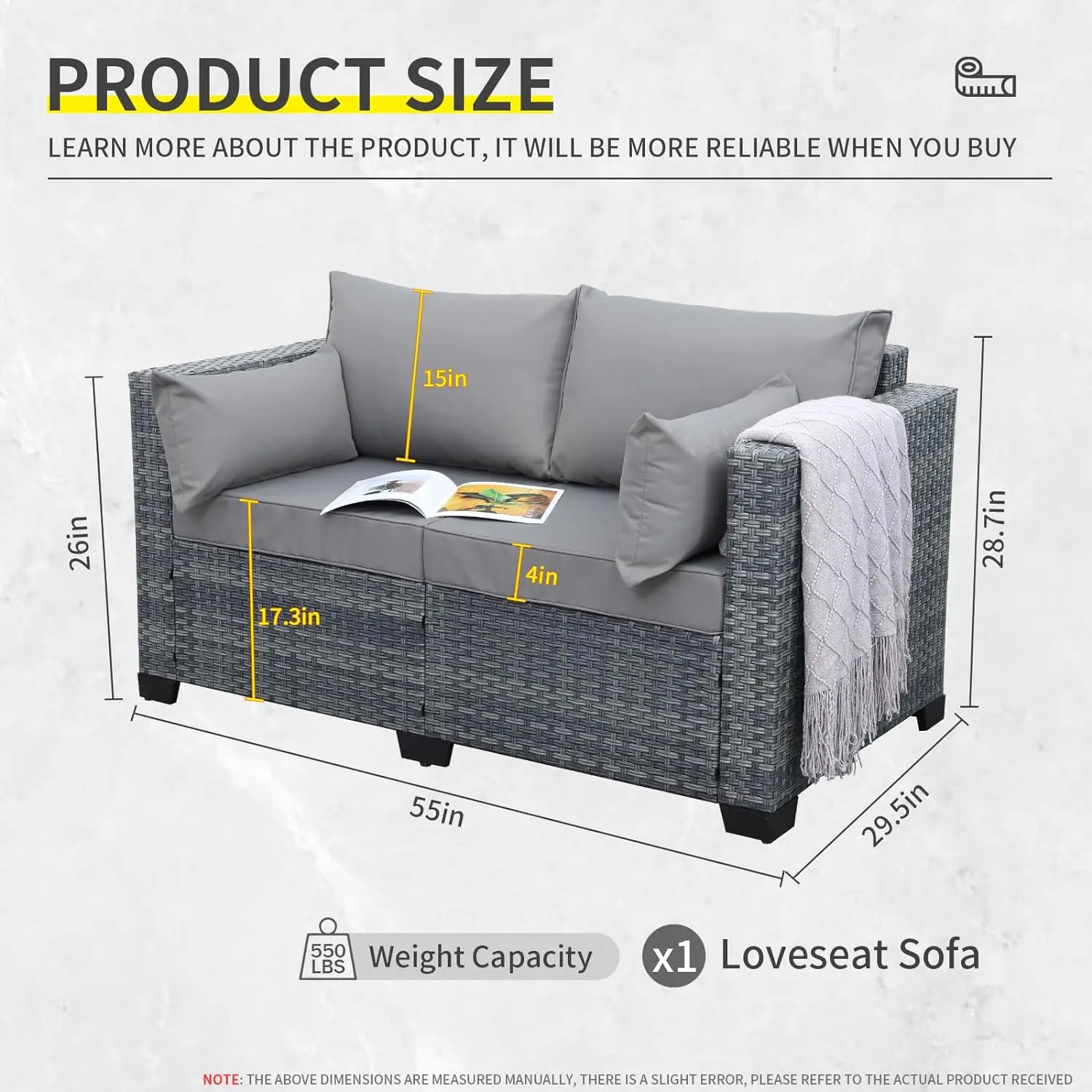 Loveseat-sofá pequeño de 2 plazas para Patio al aire libre, muebles de mimbre para todo tipo de clima con cojines grises