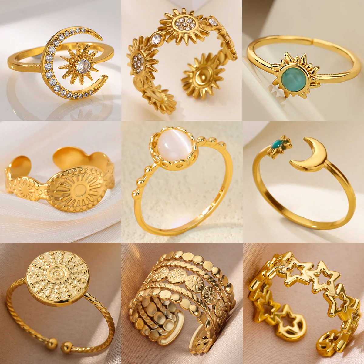 

Stainless Steel Sun Star Moon Ring for Women 18K Gold-plated Anti Fading Rings Wedding Golden Jewelry Vacation Accessories Gift