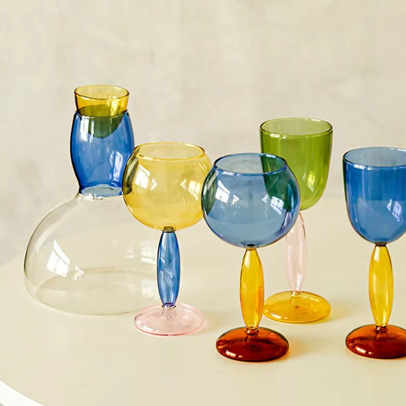 

Handmade High Borosilicate Colored Glasses Creative Goblet Champagne Contrasting Color Bordeaux Burgundy Red Wine Cups Decanter
