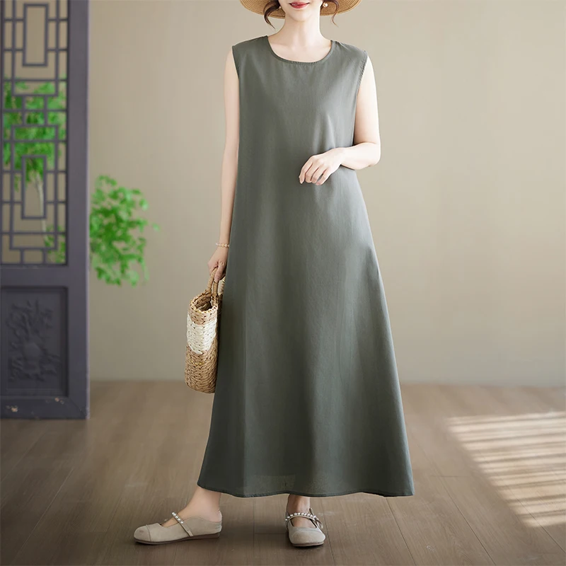 

plus Size Cotton Print Sleeveless round Neck Long Dress Summer Ethnic Style Loose Fit A-Line Dress Women's Fashion Tourist Wear