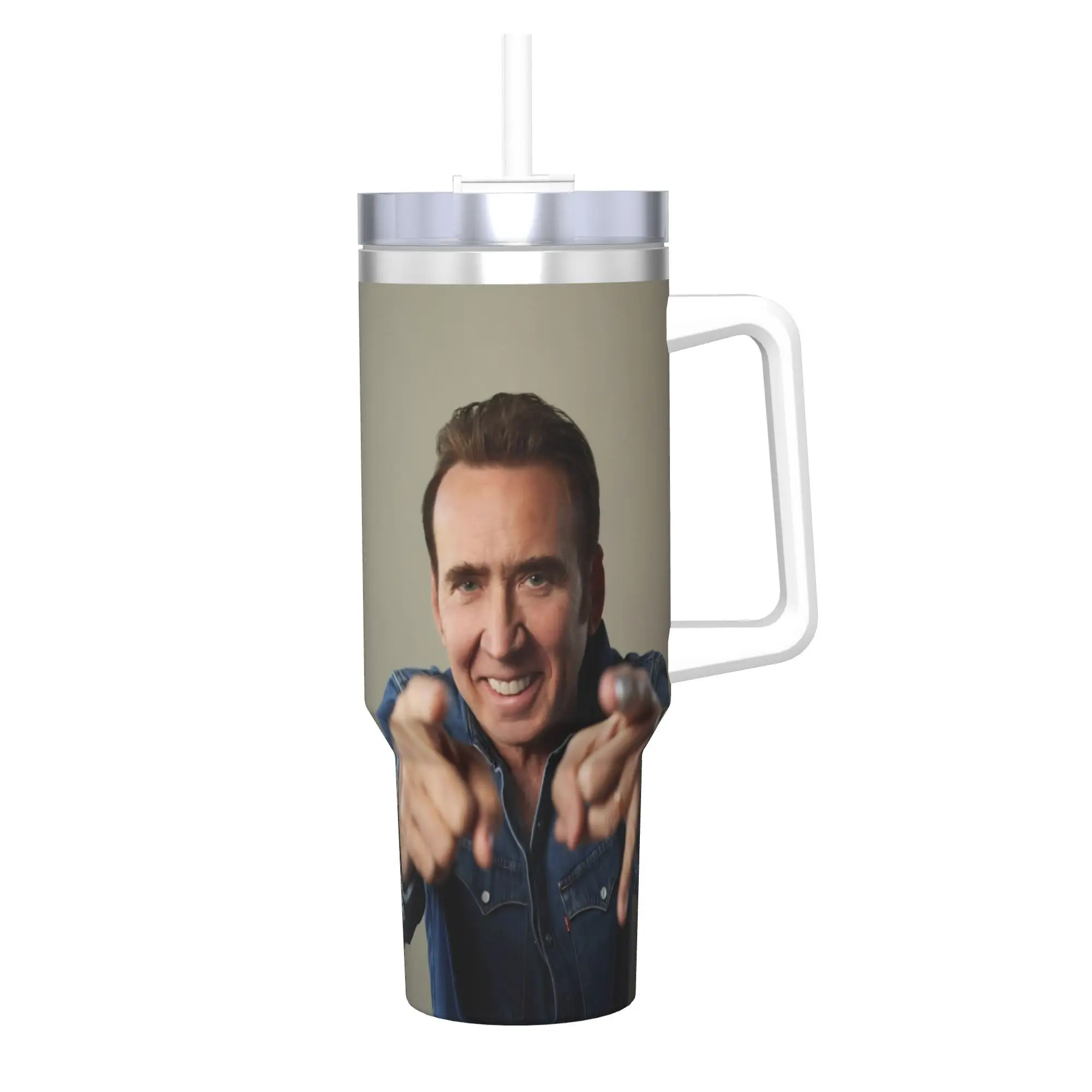 Nicolas Cage Tumbler With Straw  Stainless Steel Travel Mug Double Wall Vacuum Insulated for Cold Or Hot 40oz