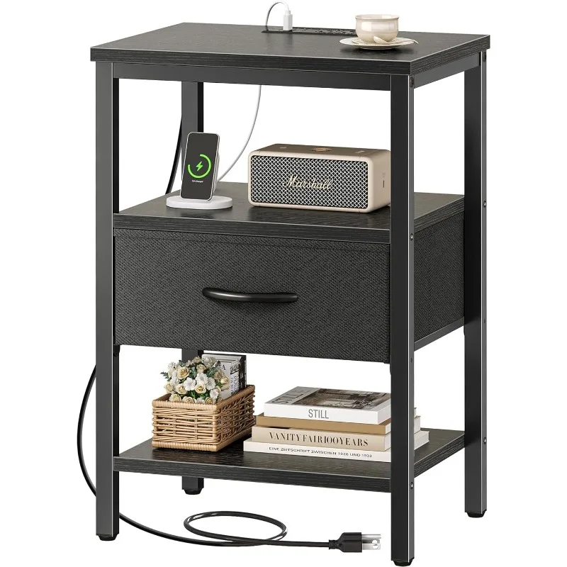

Nightstand with Charging Station, Bed Side Table with Adjustable Fabric Drawer, Night Stand for Bedroom, 3-Tier Storage End