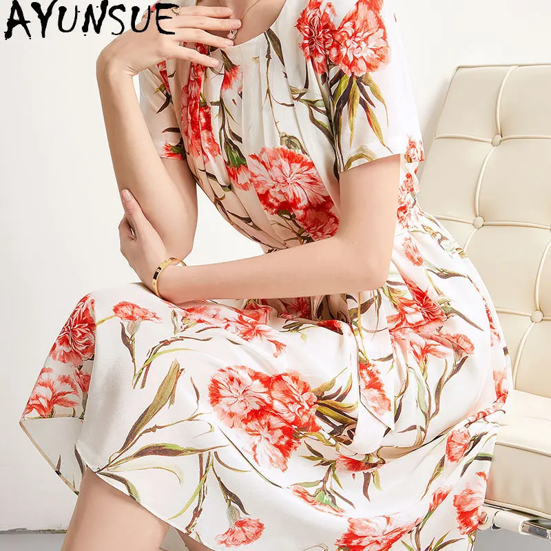 Ayunsue 100% Moerbei Zijden Jurk Voor Vrouwen Kleding Print Elegante Vrouwen Jurken Mode Zomer Jurk Franse Платье Женское 2024