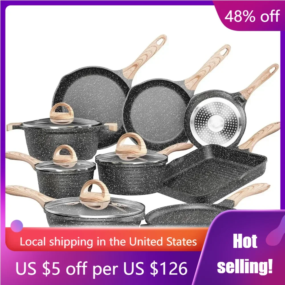 

23 Pieces, Healthy Kitchen Cookware Set, Induction Cooking Set, Gray Granite Stone Frying Pan, Cookware Set