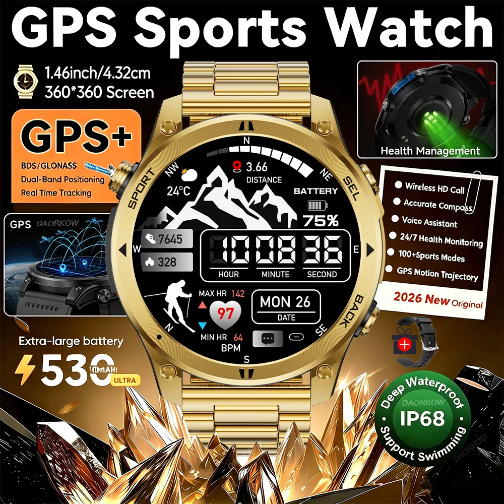 

2026 New Military GPS Sports Smart Watch Men Compass 3ATM Waterproof Swim Fitness Tracker AMOLED HD SmartWatches 850Mah Battery
