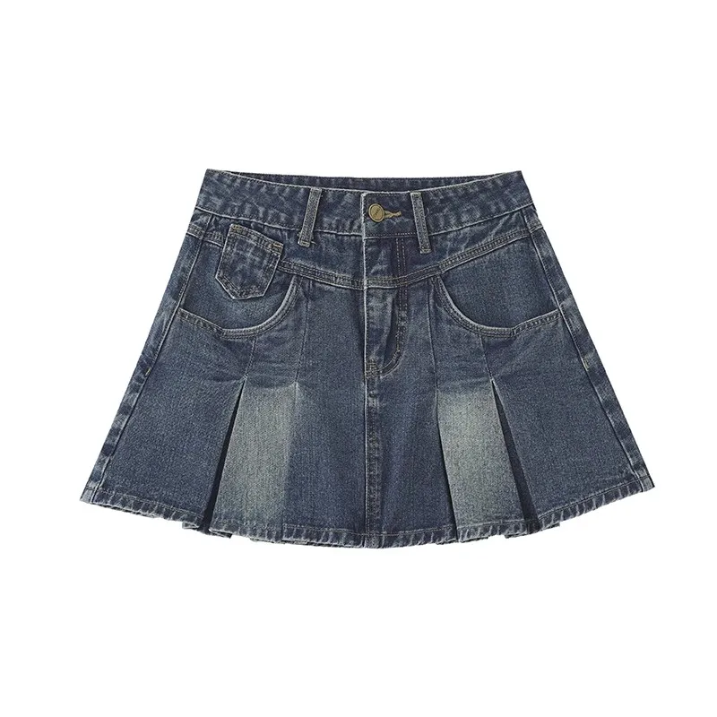 Gonna di jeans a pieghe vintage donna estate 2025 nuova vita alta una linea tasca blu mini gonne ragazze casual breve Saia femminile