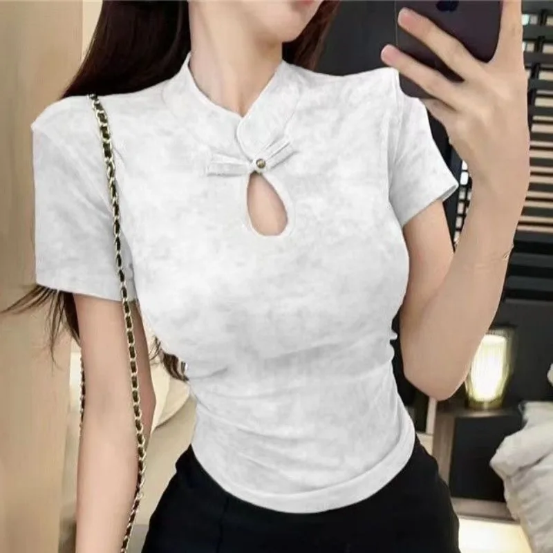 Chinese Style T-shirts for Women New Trendy Skinny Solid Frog Short Sleeve Tops Summer Minimalist Fit Casual Streetwear Niche