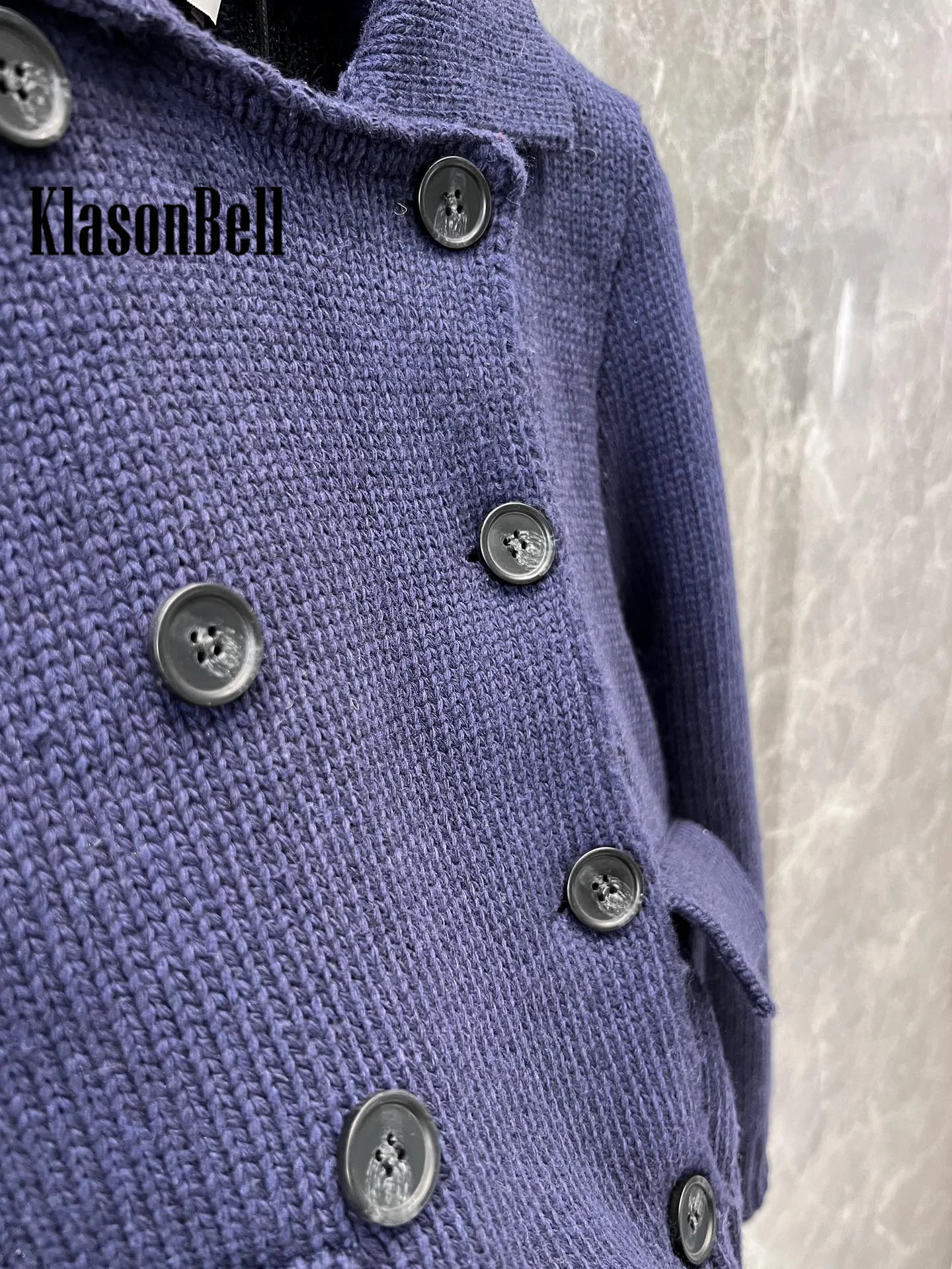 10.16 KlasonBell Fashion Runway Lapel Double Breasted Wool Knit Keep Warm Cardigan Fit Women Sweet All-match Short Coat