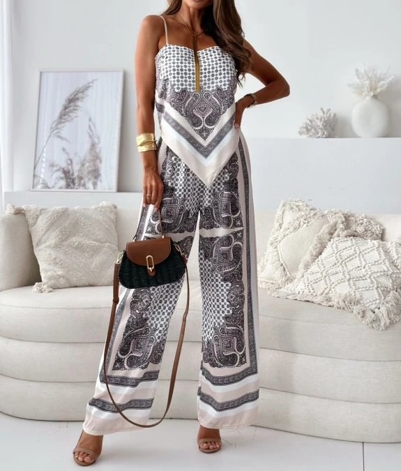 Fashionable and Casual Printed Suspender Strap Wrap Around Chest+High Waisted Positioning Printed Wide Leg Pants Set