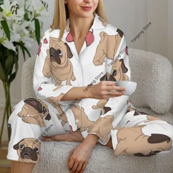 Funny Cartoon Pugs Puppies Dogs Womens Pajamas Loungewear Two-piece Sleepwear Button-Down Full Sleeve Long Pajamas Set