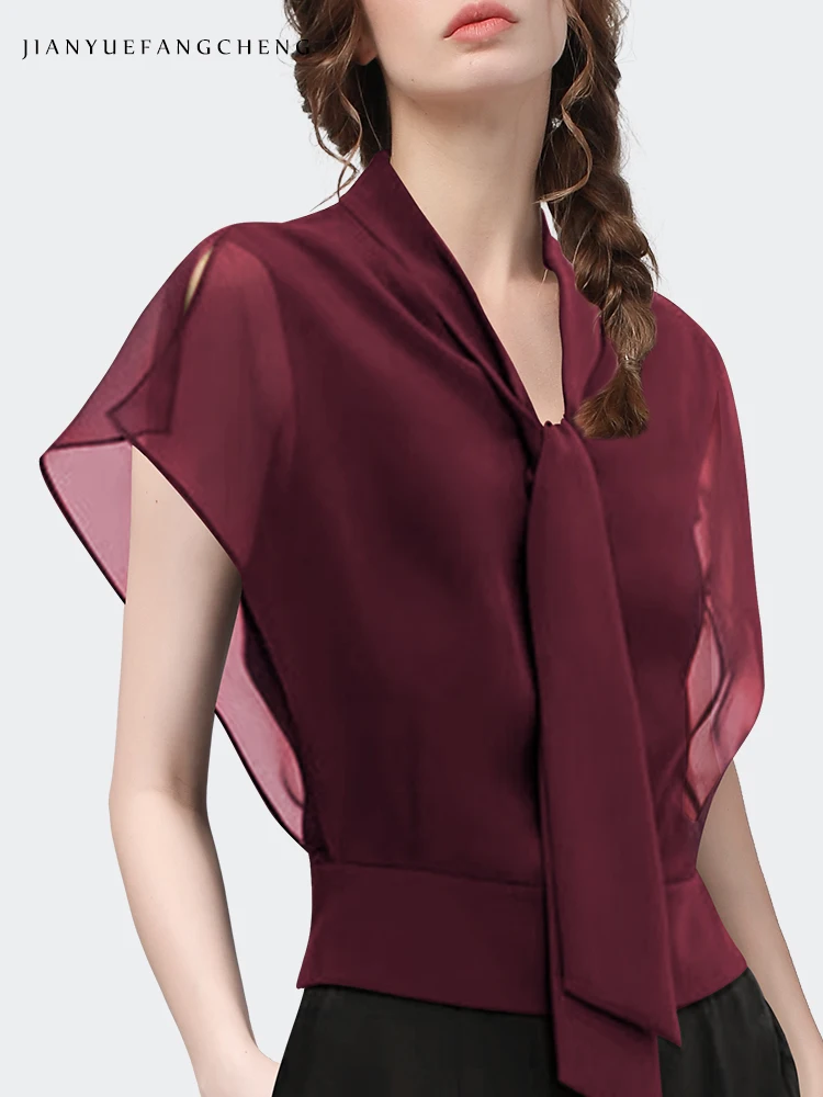 2024 Summer Chiffon Blouse Women Flowing Wine Red Lace Up Top Western Style Shirt Top Small Shirts Lightweight Thin Style