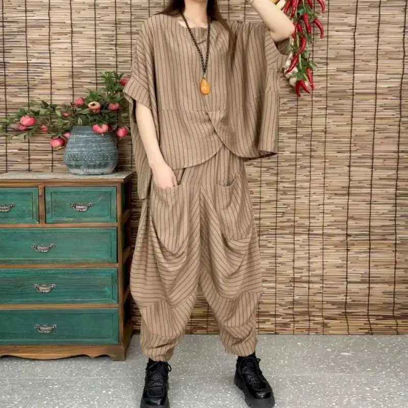 Fashion Retro Loose T Shirt Sets Women Summer 2024 New Casual Irregular Suits Bat Short Sleeve T-shirt And Pants Two Piece Suit