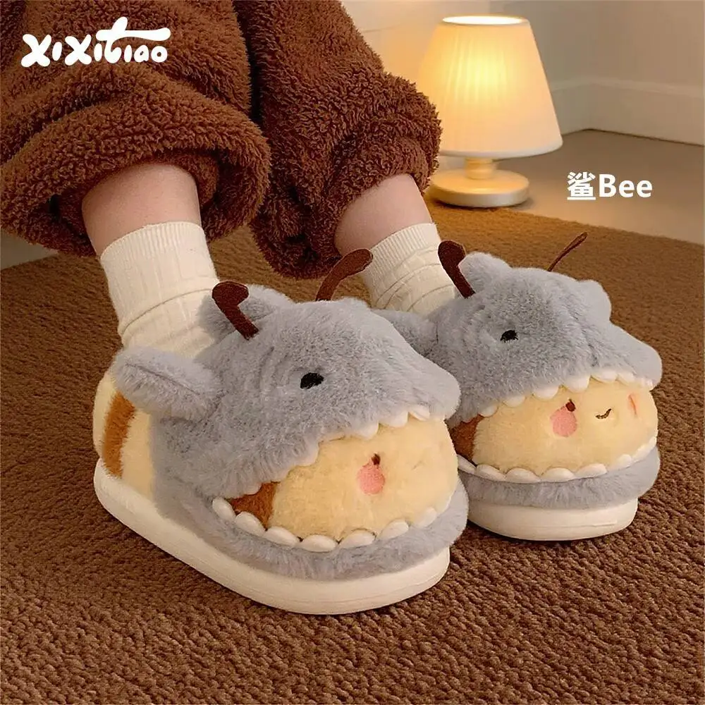 

Winter Fun Shark & Bee Home Slippers Unisex Couple Closed Heel Furry Indoor Household Cotton Shoes Non Slip For Home Wear