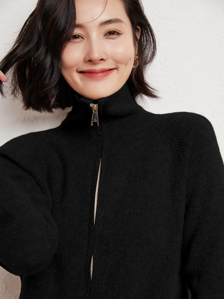 Addonee Autumn Winter Women Sweater Zipper Turn-down Collar Cardigan 100% Merino Wool Casual Cashmere Knitwear Korean Fashion