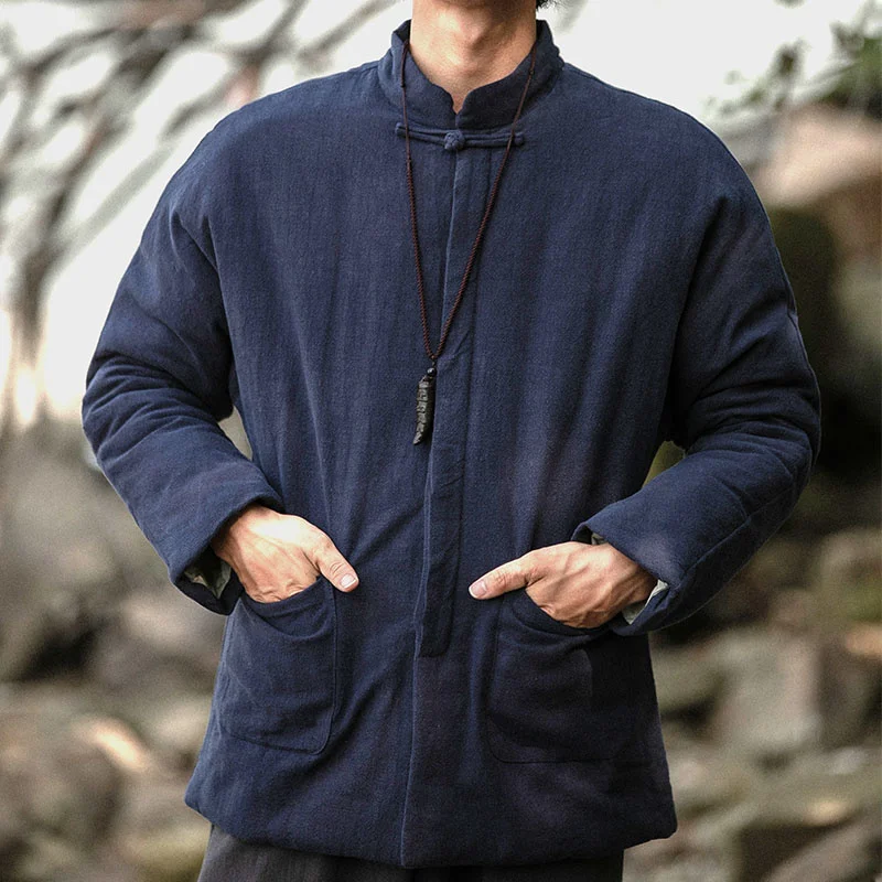 Chinese Traditional Dress Winter Plus Size Stand-Up Collar Parkas Ethnic Navy Blue Thick Jacket Men Clothing Tang Suit Coat