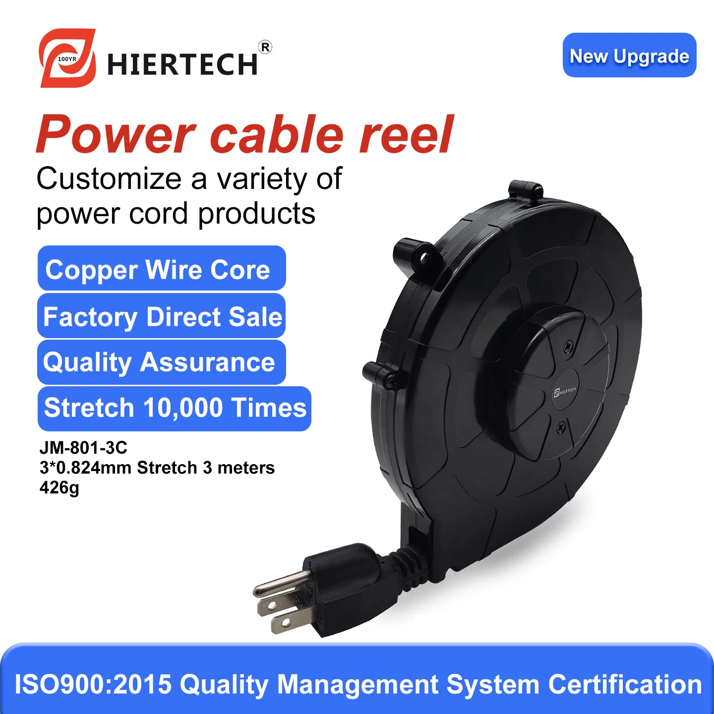 Hiertech Small Black Automatic Cable Retractor Power Cord Reel 3-Core 18Awg Stretchable 3m with Self-Locking Function Suitable for Small Appliances Factory Direct Sale