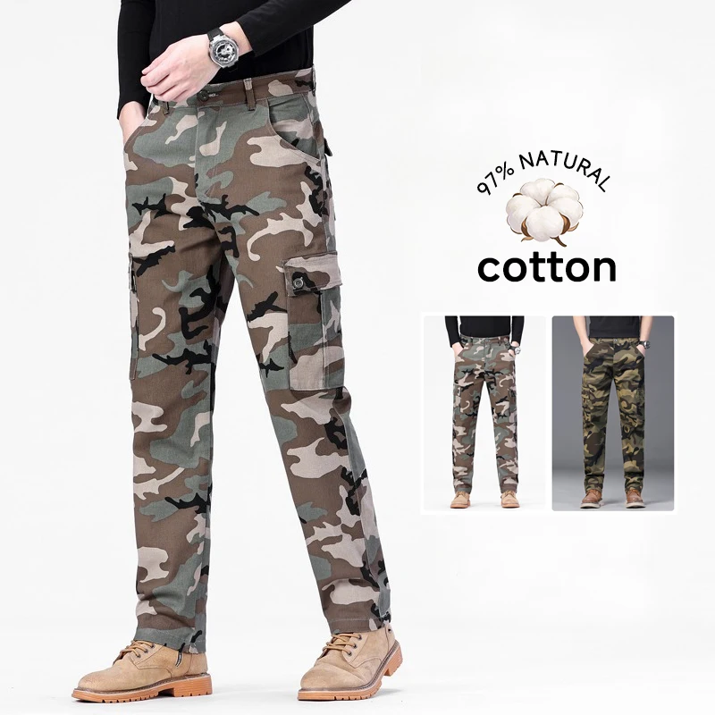 

Brand Clothing Men's Camo Cargo Pants Baggy Straight Work Multi-Pocket Tactical Adjustable Hiking Casual Trousers Plus Size 40