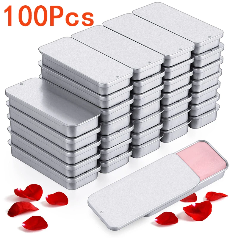 

100Pcs Rectangular Metal Tin Containers for Candies Jewelry Crafts Pills Lip Balm Storage